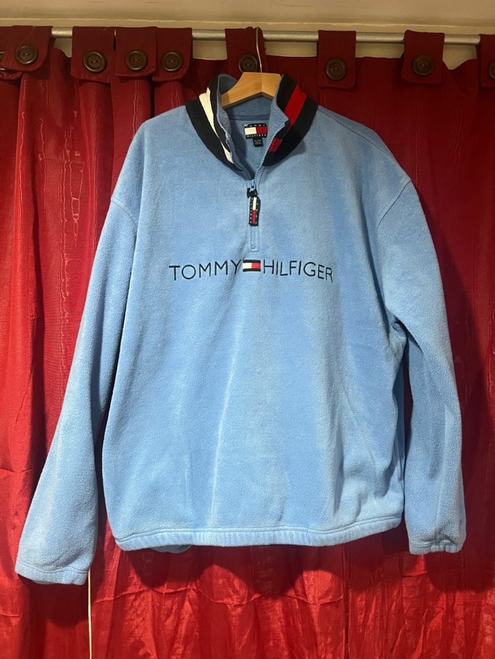Tommy Hilfiger Sky Blue Quarter-Zip Fleece Pullover with Flag Trim